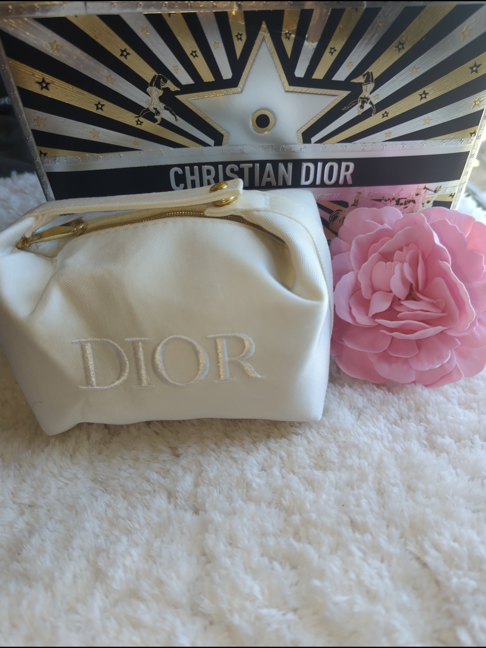 Dior Cream Embroidered Logo Cosmetic Pouch With Gold Hardware Comes In White Box